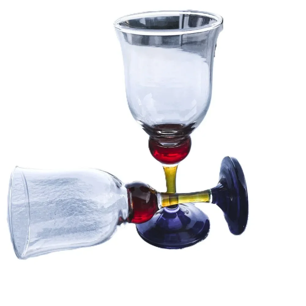 Vintage Water Goblet By BROQUE Clear Bowl, Blue & Yellow Stem, Red Base ENGLAND